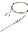 Side view: K-type thermocouple temperature sensor with 100mm stainless steel probe and 2m braided lead, blue and red spade connectors