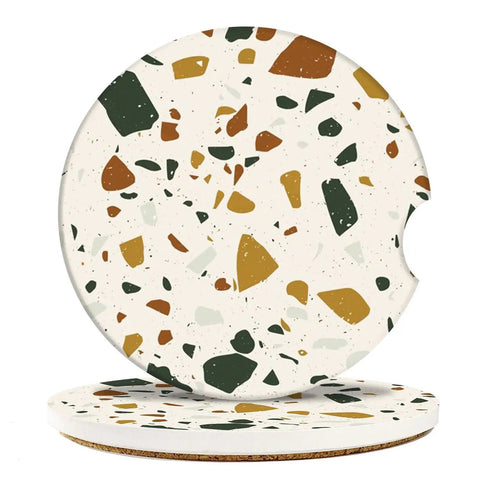 Colorful Marble Cork Base Car Coasters Set 2 Pack 2.56 Inches Universal Cup Holder Fit Absorbent Terrazzo Ceramic Stone Coasters Non Scratch Non Slip Vintage Italian Granite Tile Look for Cars and Home Office Ideal Gift for Car Nerds and Auto Folks.