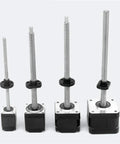 Badass NEMA Hybrid Micro Leadscrew Stepper Motor With Tight Trapezoidal T5 T8 Thread Linear Screw Design displayed in a lineup of four sizes.