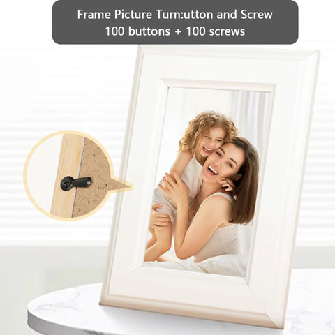 White picture frame with metal backing clips and black turn-button screws