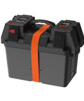 Heavy Duty Slick Smart Battery Box Fits Group 24 27 And 31 Cells Built In 12V Outlet with strap for secure transport.