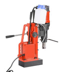 Heavy Duty Magnetic Drill Press For Steel Core Hole Cutting, red portable machine with strong base and coolant container.