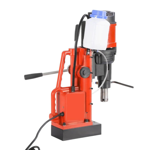 Heavy Duty Magnetic Drill Press For Steel Core Hole Cutting, red portable machine with strong base and coolant container.