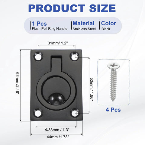 Flush Pull Ring Handle 2-1/2 To 1-3/4 Inch Square Recessed Door Pull Marine Grade 316 Stainless Steel Black Finish with size details