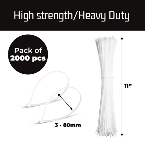 11 Inch White Zip Ties 1000 Pack Heavy Duty Self Locking Nylon Cable Ties With 50 Lbs Tensile Strength For Indoor And Outdoor