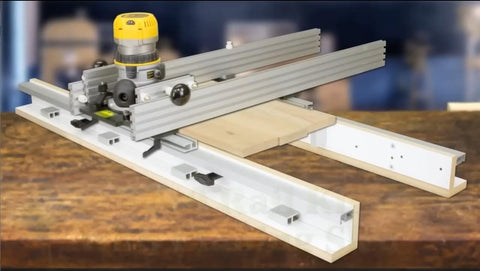 27 Inch Router Sled For Planing And Slab Flattening With Ultra Track Aluminum Rails A Rigid Rail System That Handles Live Edge Stock And Wide Panels Up To 27 Inches Made In The USA, shown on a wooden table.