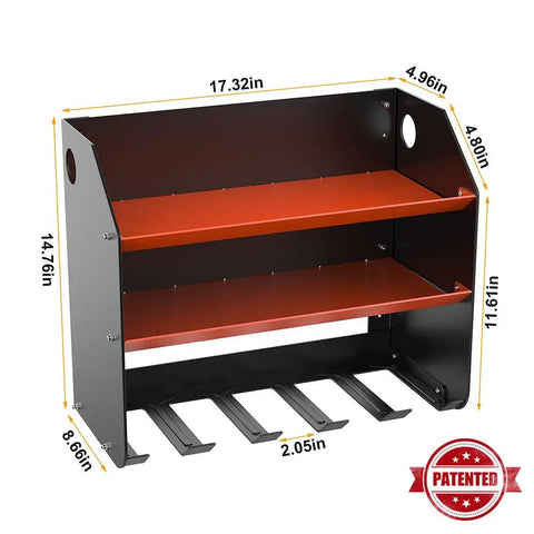 Heavy Duty Wall Mount Drill Organizer And Cordless Tool Storage Rack with two-level metal shelf, multiple drill slots