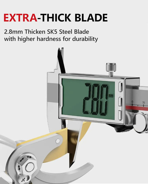 Close-up of Workhorse Heavy Duty Pruning Shears Bypass Garden Clippers with SK5 Steel Teflon Coated Blade, 2.8mm thickness.