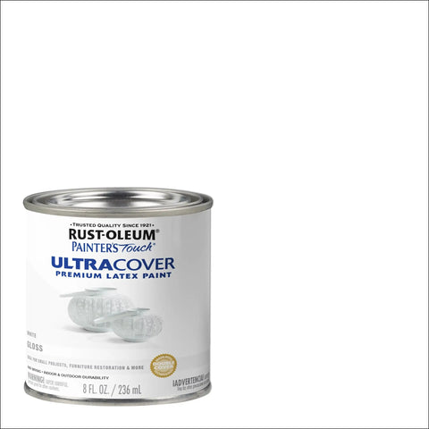 Painter's Touch Latex Paint Gloss White Half Pint 8 Oz can for indoor outdoor projects on various surfaces.