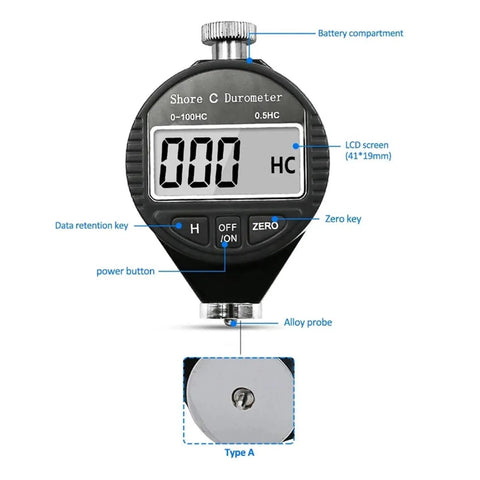 Digital Shore Hardness Durometer And Tester Meter For Rubber Leather Plastic Acrylic Portable Handheld Gauge Black Edition close-up with LCD display and probe
