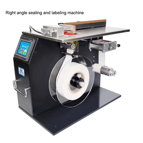 Small Semi Automatic Rectangular Box Sealing And Labeling Machine With Precise Right Angle Application For Paper Rolls 20To 210 Mm Wide Fast Touchscreen Control showing a side view.