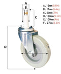 4 Inch Beefy Heavy Duty Swivel Caster Wheels With PU Rollers For Furniture And Carts 210kg Total Capacity diagram with measurements