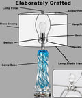 Dope Blue Glass Desk Lamp, 26 Inch Tall With Handcrafted Spiral Body, labeled parts, modern table light for home or office