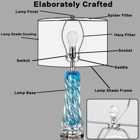Dope Blue Glass Desk Lamp, 26 Inch Tall With Handcrafted Spiral Body, labeled parts, modern table light for home or office