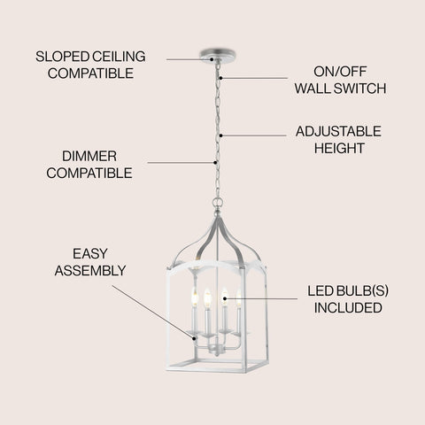Silver 11 Inch Four Light Traditional Lantern Pendant With Metal Frame And Clear Glass Shade Classic Chandelier For Foyer Or Kitchen Island Energy Saving LED Bulbs Included, showing features such as sloped ceiling compatibility and adjustable height.