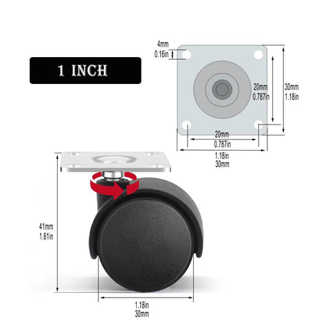 Diagram of a 1-inch nylon furniture caster set with swivel wheel and dimensions for easy mounting on furniture.