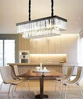 Modern 8 Light Crystal Rectangle Pendant Chandelier Ceiling Fixture In Black Finish For Dining Room, Living Room, And Kitchen Island