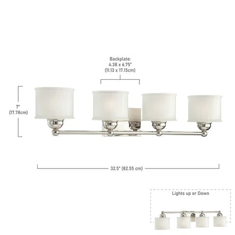 4 Light Bath Vanity Wall Light In Polished Nickel Finish, 32.5 Inch Wide, 400W Max, featuring etched box-pleat glass shades