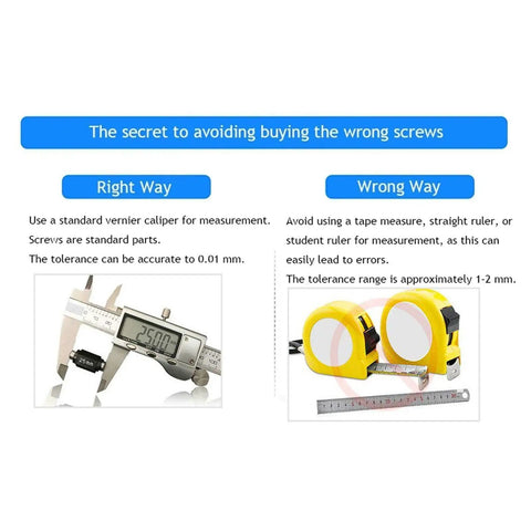 Image comparing the right way to measure screws with a vernier caliper and the wrong way using a tape measure.
