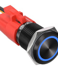 16mm Latching Push Button Switch 12V DC On Off Black Shell With Dope LED Angel Eye Head For 0.63 Inch Mount Hole Wire Socket
