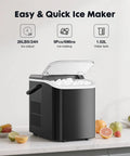 Zero Drama Rapid Freeze Bullet Ice Maker With Six Minute Quick Chill Cycle Twenty Five Pound Daily Yield, black countertop unit with ice.