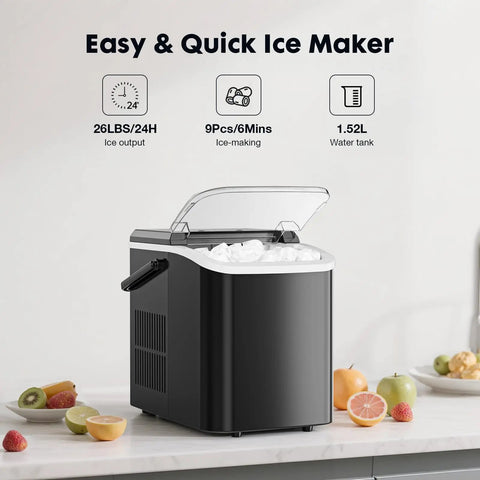Zero Drama Rapid Freeze Bullet Ice Maker With Six Minute Quick Chill Cycle Twenty Five Pound Daily Yield, black countertop unit with ice.