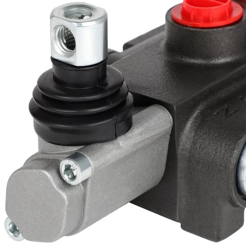 Hydraulic flow control valve with 1 spool; black body, rubber boot, silver top port, red adjustment cap.