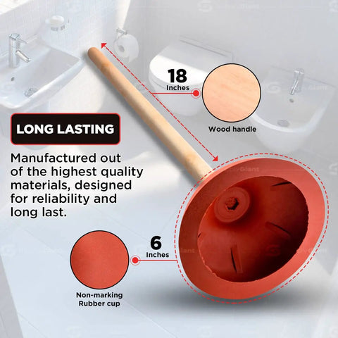 Heavy Duty 6 Inch Rubber Force Cup Plunger With A Trusty 18 Inch Wooden Handle To Blast Away Pesky Blockages In Kitchen Sinks Bath Tubs And Floor Drains Hassle Free, showing rubber cup and wood handle.
