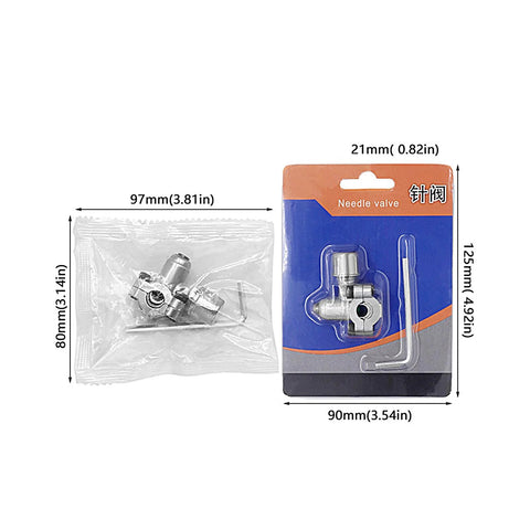 Needle valve kit for refrigerator lines with wrenches; metal valves and adapters in blue/orange packaging.