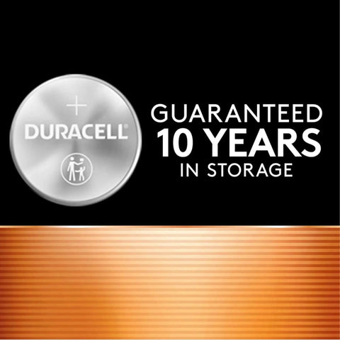 Reliable CR2025 Lithium Button Cells 3 Volt Coin Batteries 4 Pack showing Duracell battery with 10 years storage guarantee.