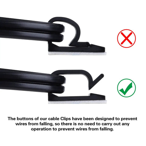 Adhesive Cable Clips 120 Pcs Black, Heavy Duty Wire Organizer showing correct and incorrect cable securing methods with text explanation