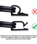 Close-up of black cable clip comparison showing incorrect and correct usage, for 5/8 Inch Adhesive Cable Clips White Pack Of 60 Heavy Duty Nylon Cable Management Clips For Under Desk Car Wall TV PC Ethernet USB And Outdoor Lights Ideal For USB Cables Ethernet Cables And LED Strips.