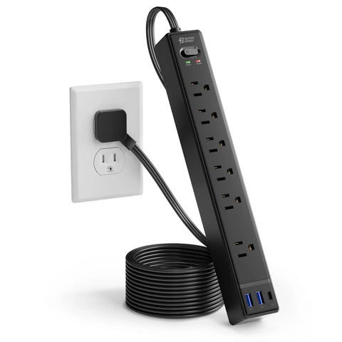 Power Strip With Nine Point Eight Foot Extension Cord And Surge Protector 5 Outlets 3 USB Ports Auto Smart Charging Mountable With Hook