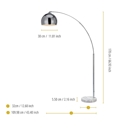 68 Inch Arc Floor Lamp With White Faux Marble Base And Chrome Bell Shade in full view with dimensions for living rooms.