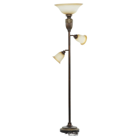 Three Light Torchiere Floor Lamp With Two Movable Glass Shades Antique Metal Finish In Brown Vintage Style 19 By 16 By 70 Inches