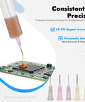 Pro Grade Semi Automatic Glue Dispenser Machine For Electronics With 0.01ml Precision And Vacuum Suck Back Solder Paste Controller Liquid Adhesive Dropper Timer Controlled Bonding Of Tiny Components And PCBs, nozzle on PCB