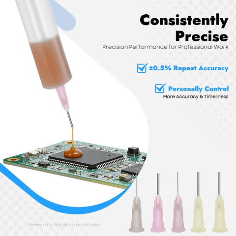 Pro Grade Semi Automatic Glue Dispenser Machine For Electronics With 0.01ml Precision And Vacuum Suck Back Solder Paste Controller Liquid Adhesive Dropper Timer Controlled Bonding Of Tiny Components And PCBs, nozzle on PCB