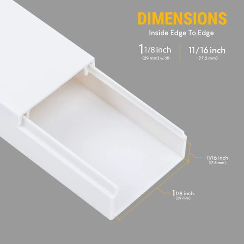 Under Desk Cable Management Kit With 150in Total Coverage, 6 Pack Raceway dimensions showing width and height in inches