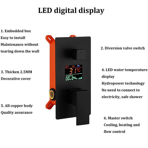 Top Shelf Wall Mounted Rain Shower System With A Water Powered Digital Display showing LED temperature and control switches.
