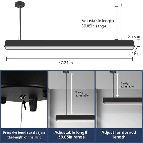 Top Shelf 4 Ft Linear Led Pendant Light With Smooth Remote Control Adjustable 3000K To 6000K Color Temperature Killer Glow height and length adjustment diagram.