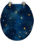 Round Resin Toilet Seat for Bathroom with starry night design, 14-15 inches wide and 17-18 inches long.