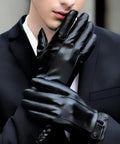 Buttery Soft Leather Gloves For Men With Touchscreen Compatible Fingertips And Plush Cashmere Lining Ride Ready Daily Driver Staple Solid Winter Go To Gear Gift Pick In Sleek Black worn by a man in a suit.