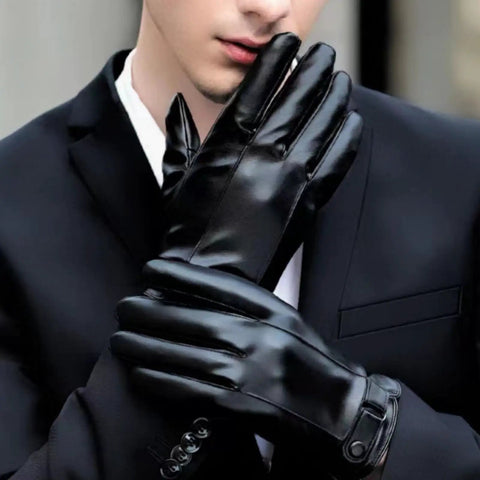 Buttery Soft Leather Gloves For Men With Touchscreen Compatible Fingertips And Plush Cashmere Lining Ride Ready Daily Driver Staple Solid Winter Go To Gear Gift Pick In Sleek Black worn by a man in a suit.