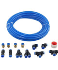 Rock Solid PU Pneumatic Air Hose Kit 6mm OD 4mm ID 10m Length With Connector Elbows Joints For Air Tools Machining Yard Work No Crease Flow Design For Easy Install Works Like A Charm Any Time At Your Shop Or Garage Anywhere. Blue PU air hose kit with fittings