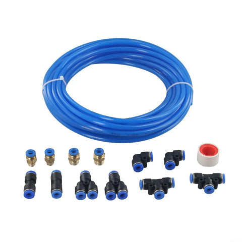 Rock Solid PU Pneumatic Air Hose Kit 6mm OD 4mm ID 10m Length With Connector Elbows Joints For Air Tools Machining Yard Work No Crease Flow Design For Easy Install Works Like A Charm Any Time At Your Shop Or Garage Anywhere. Blue PU air hose kit with fittings