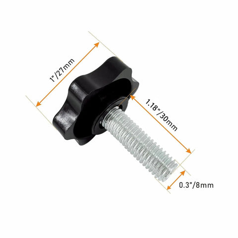 Heavy Duty M8 Star Knobs 4 Pack Solid Steel Core Handles For Patio Umbrella Base Quick Swap Clamp Screws detailed view with dimensions.