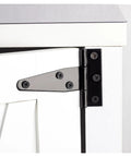 Close-up of Hella Sturdy Heavy Duty T Shaped Black Iron Barn Door Hardware Kits for cabinets, showing hinge details.