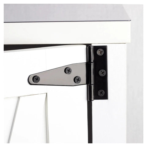 Close-up of Hella Sturdy Heavy Duty T Shaped Black Iron Barn Door Hardware Kits for cabinets, showing hinge details.