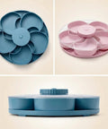 Rotating 5-Compartment Snack Tray With Lid showcasing blue and pink trays, Lazy Susan style organizer for dips, nuts, and appetizers.