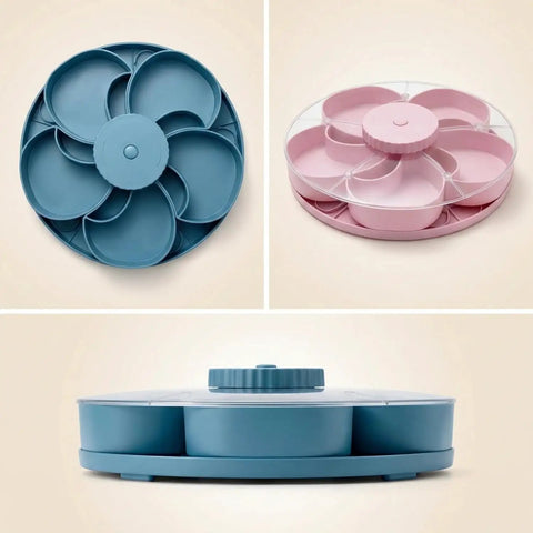 Rotating 5-Compartment Snack Tray With Lid showcasing blue and pink trays, Lazy Susan style organizer for dips, nuts, and appetizers.